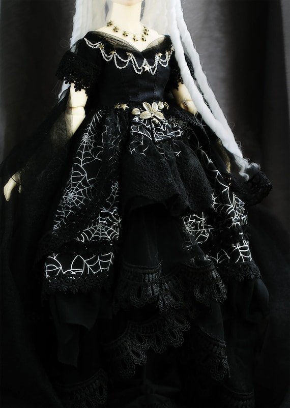 Gothic Queen Doll Dress: Black Spider Web Witch Costume - 1