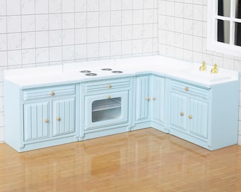 1:12 Poppenhuis Keukenmeubels Set Miniatuur Lichtblauwe Houten Kasten met Aanrecht Kachel Oven Opbergers Voor Poppen