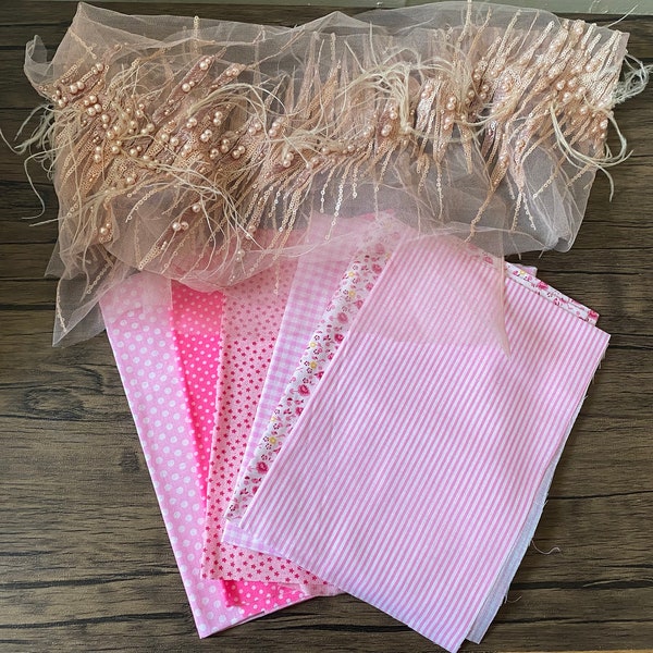 Craftuneed Job lot 7pcs peach pink feather beaded sequins lace trim in 130cm and cotton fabric pieces 45cm X 45cm