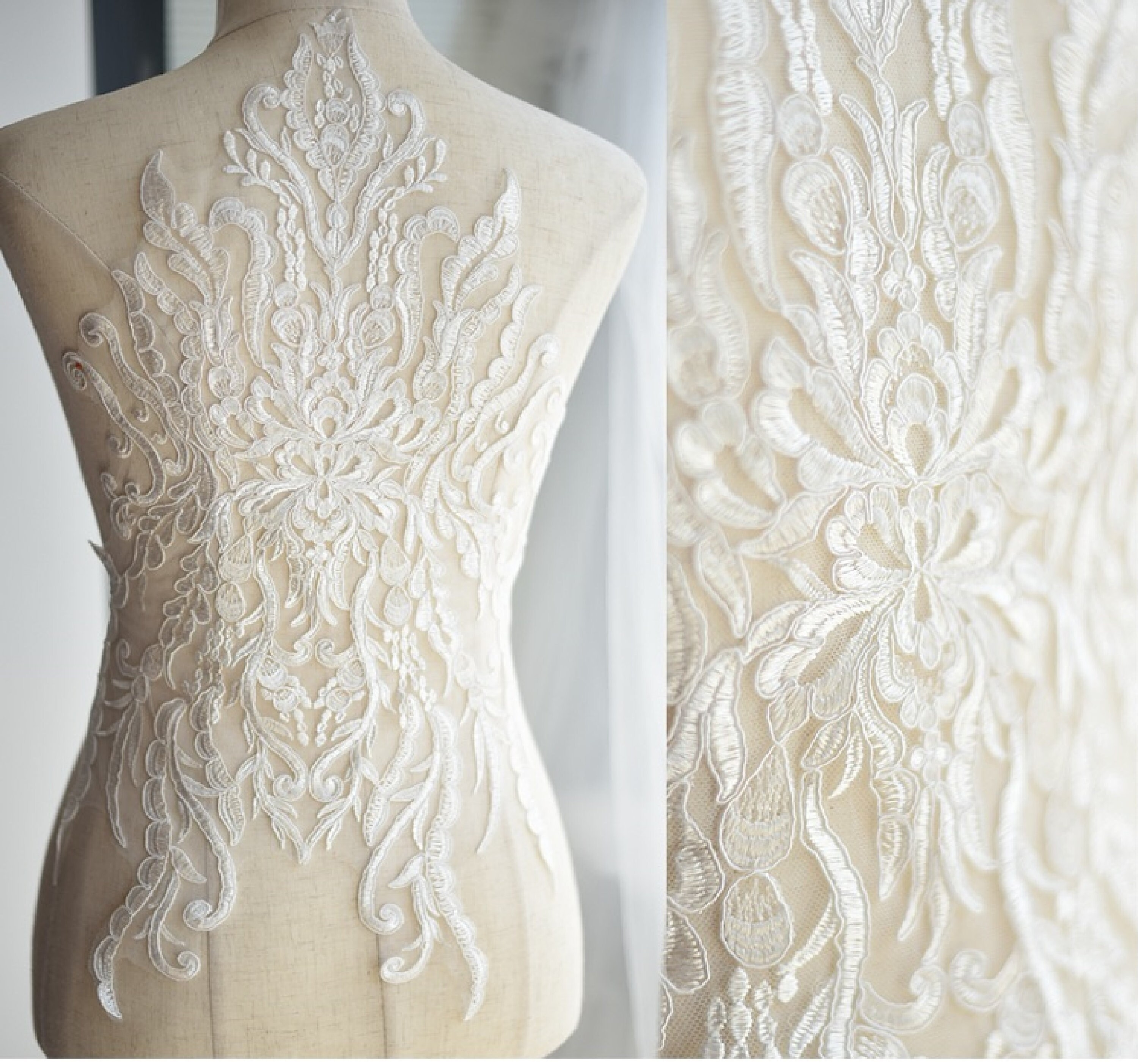 a pair cotton ivory floral lace appliques bridal bolero lace motif sold Per pair 