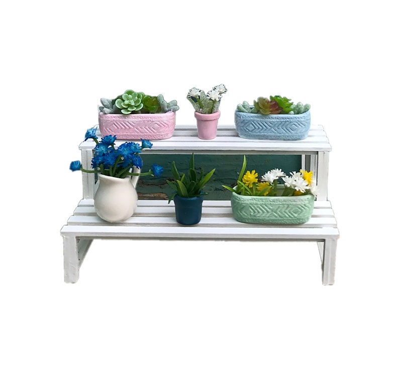 Puede incluir: Un soporte para plantas de madera blanca de dos niveles con cinco plantas en macetas. Las plantas incluyen suculentas, una planta verde y flores azules y amarillas. Las macetas son rosas, azules, verdes y blancas.