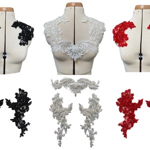Beaded Flower Lace Applique Pair: Sew-On Floral Sequins Motif Patch - Black, Ivory, or Red