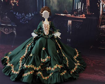 Handmade 1:6 Scale Victorian Green Miniature Doll Gown Dress with Rose  Embroidery