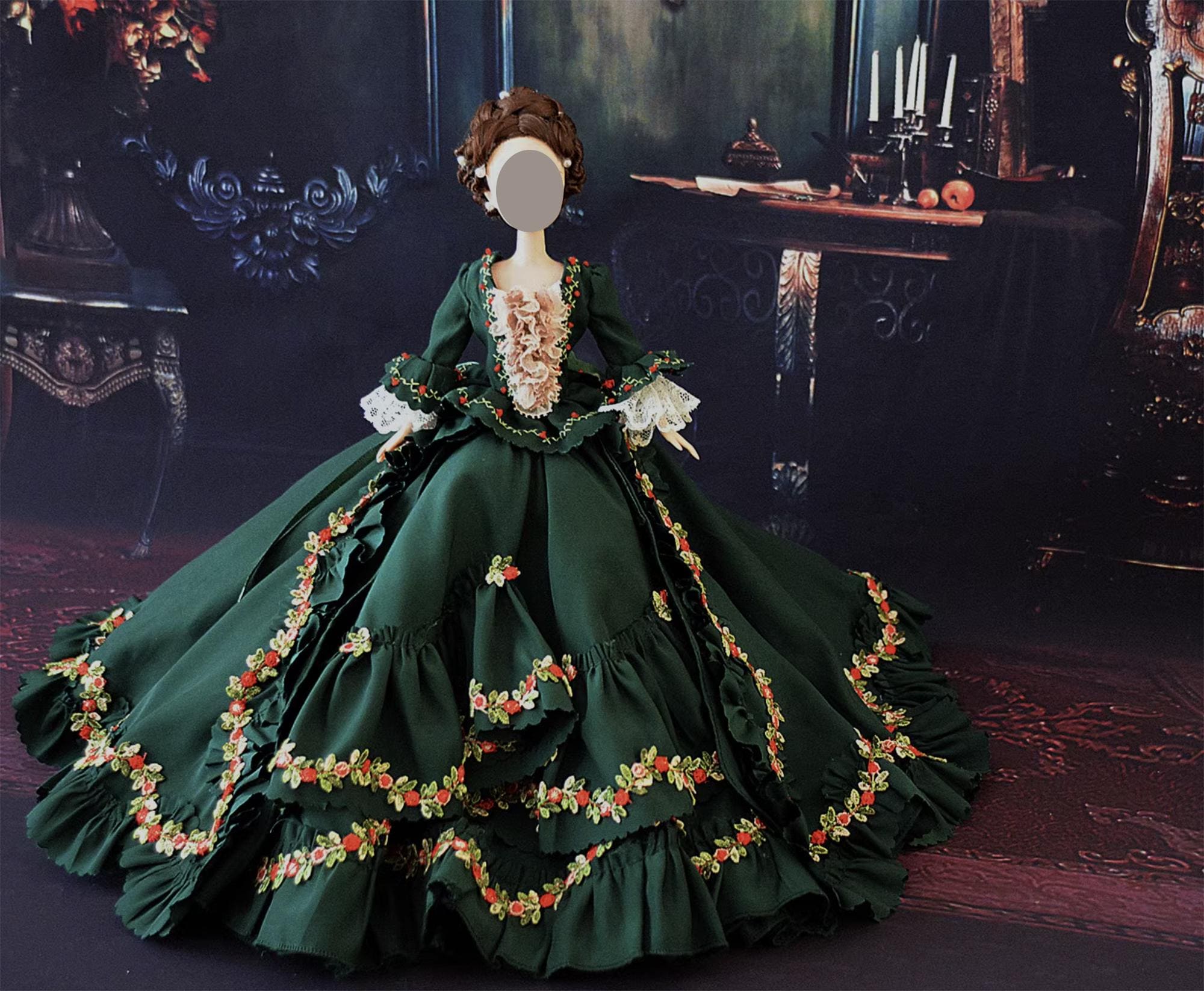 Handmade 1:6 Scale Victorian Green Miniature Doll Gown Dress With