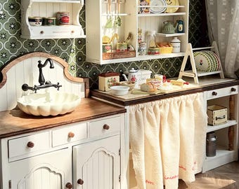 Móveis de cozinha artesanais para casa de bonecas em escala 1:6, pia em miniatura estilo vintage, armário de madeira