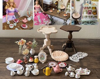 1:6 miniature dollhouse mini China tea cups plates flower vase home decors wood side table furniture for doll