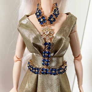 Craftuneed 1:6 miniature handmade doll necklace and waist chain jewellery set with royal blue crystal details