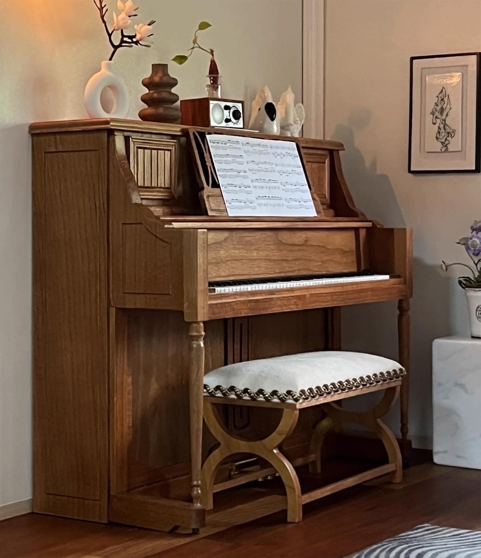Miniature Dollhouse 1:6 Scale Wooden Upright Piano With Matching