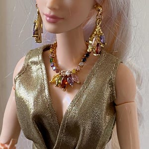 Craftuneed Luxury 1:6 miniature colourful faux diamonds doll necklace and earrings Handmade dollhouse jewellery set