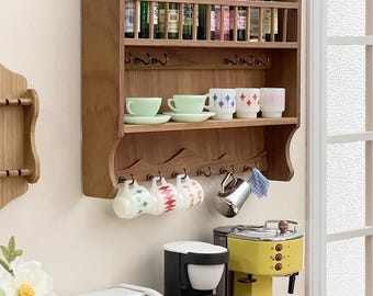 1:6 Scale Dollhouse Wooden Wall Cup Rack, Miniature Hanging Shelf
