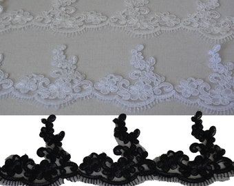 Craftuneed black or ivory or white floral eyelash style lace trim bridal embroidered tulle lace trimming Per Yard  90cm