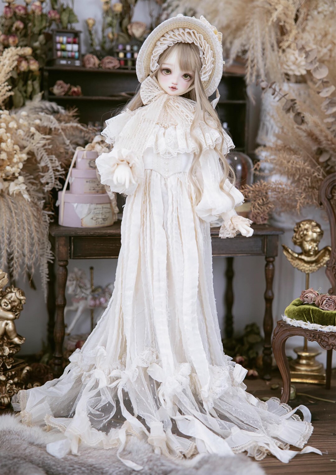 ハンドメイド エドワード朝風 レース ドールドレス & ボンネット