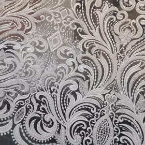 Puede incluir: Primer plano de tela de encaje blanco con un intrincado dise&ntilde;o floral y de volutas. El delicado patr&oacute;n presenta bordados detallados y acentos brillantes, creando una textura lujosa y elegante. El encaje se encuentra sobre un fondo oscuro.