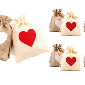 Craftuneed Bundle 10pcs Small natural linen bags heart shape print wedding gift bags jewellery pouch bags handmade