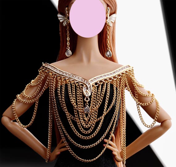 Handmade 1:6 Miniature Doll Butterfly Earrings Gold Layered Chain Shoulder Accessory Prop