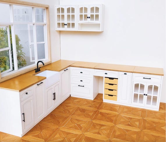 Handmade 1:6 Scale Miniature Dollhouse Kitchen Set, L-Shaped Cabinet, Ivory or Blue