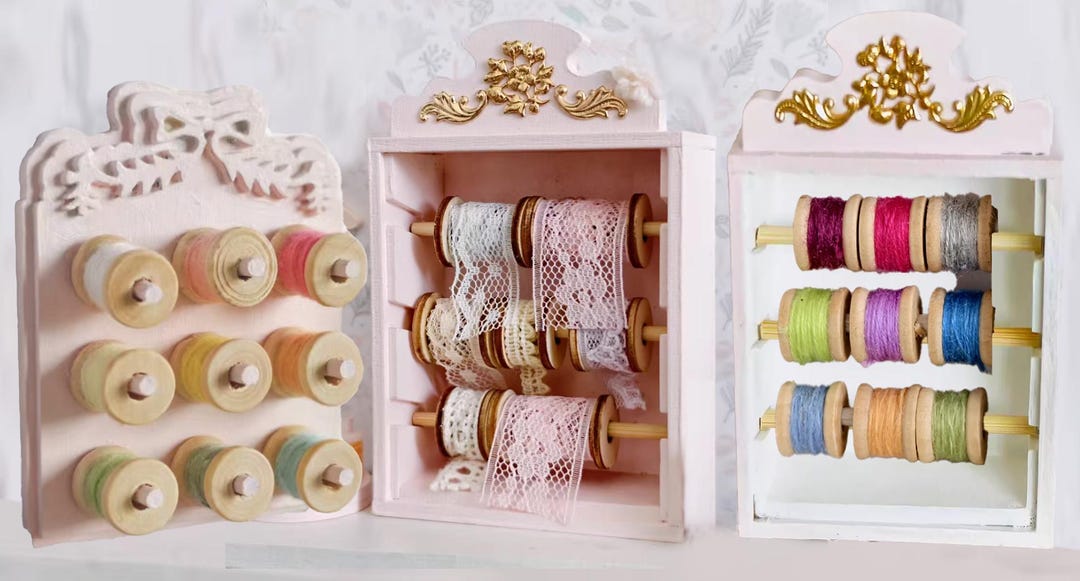 Miniature Threaded Round Rack Handmade 1:6 Scale Miniature Thread & Lace Storage Rack Set Wooden ...