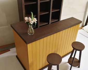 Bancone da bar, sgabelli e mobili in miniatura in legno per case delle bambole in scala 1:6 fatti a mano