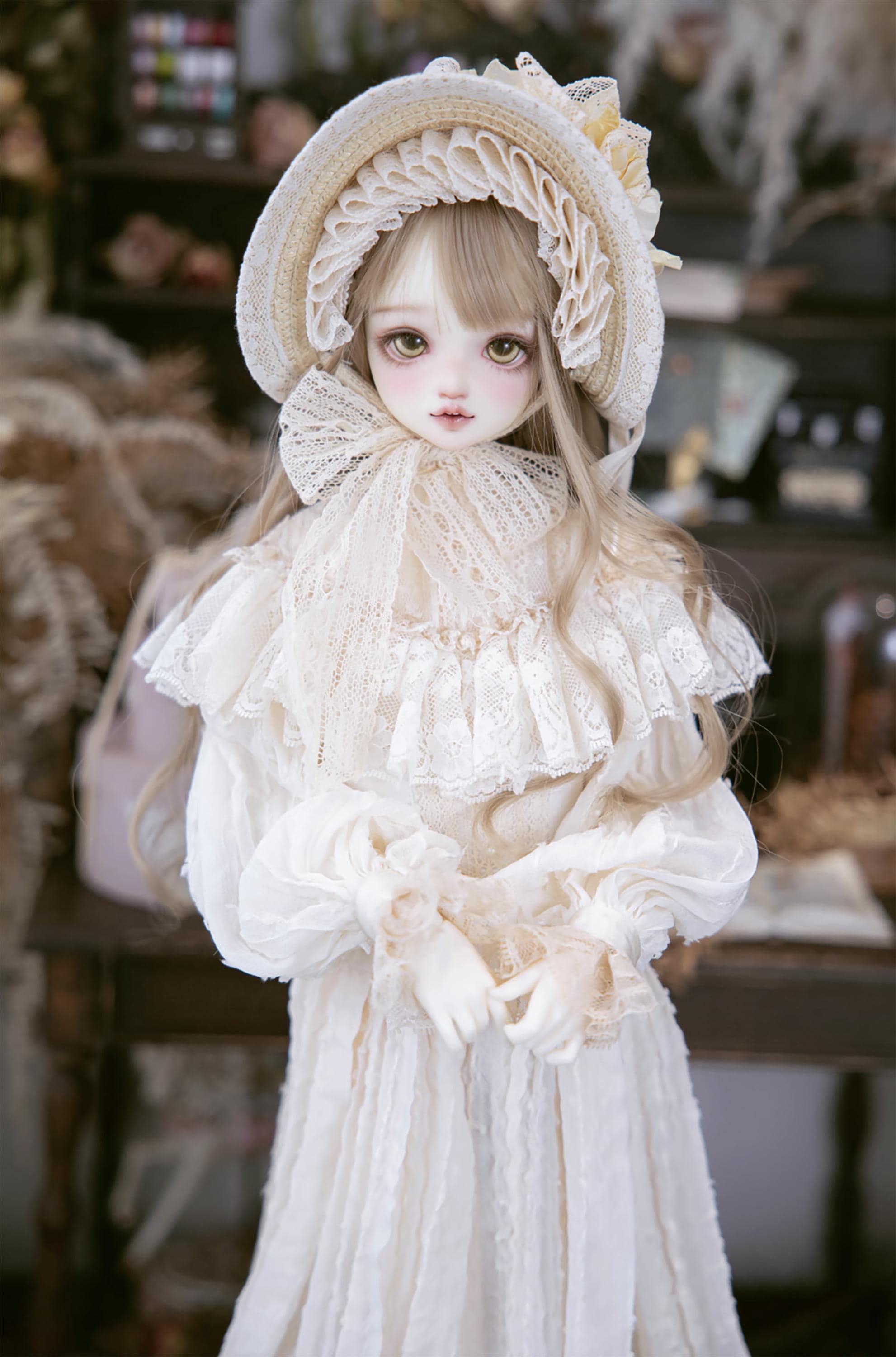 ハンドメイド エドワード朝風 レース ドールドレス & ボンネット