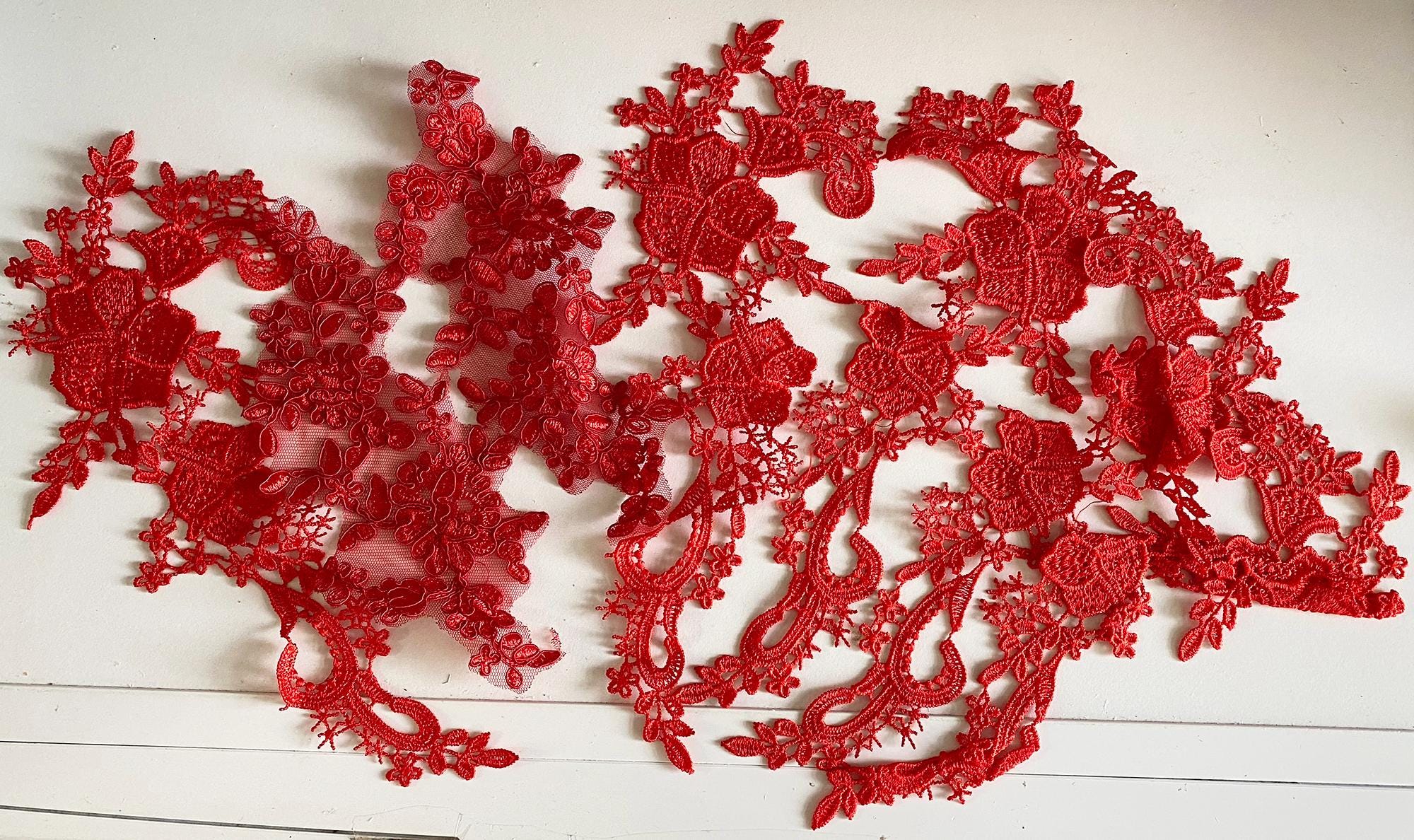 Lot De 4 Patchs 3D Dentelle Florale Colorée - Accessoires Couture Robe Cheongsam Et Vêtements (Rouge)