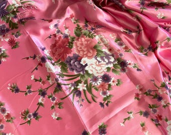 Rose Pink Peony Floral Satin Fabric - Japanese Style (1 Meter)