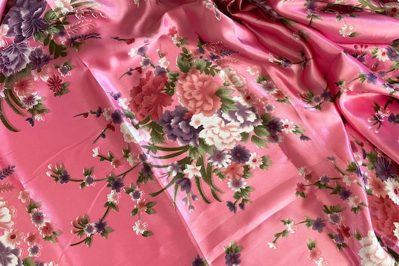 Craftuneed 1 Meter Rose Pink Floral Print Satin Fabric