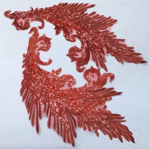 赤いスパンコールレースアップリケ2枚組、大きなクチュール刺繍モチーフパッチ、コスチュームDIY用
