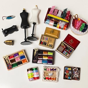 miniature dollhouse sewing kit box mini doll threads fabric ribbon scissor iron mannequin for doll Handmade