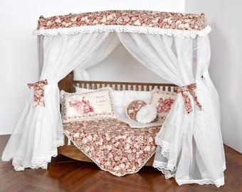 Cama con dosel de madera estilo victoriano para casa de muñecas en miniatura a escala 1:6.