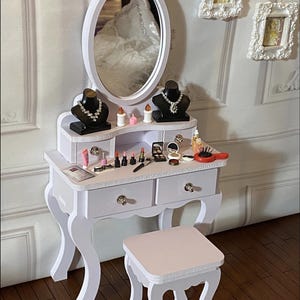 handmade 1:6 miniature white mirror dressing table stool set dollhouse doll furniture