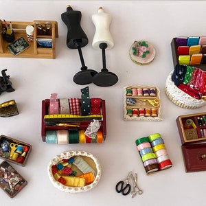 Handmade miniature dollhouse mini doll sewing threads fabric ribbon scissor iron mannequin kit set