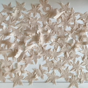 May include: A collection of beige fabric flower petals, scattered on a white surface. The petals are all the same shape and size, and they have a delicate, ruffled texture.