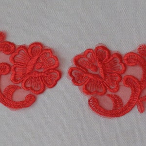 A pair of red floral lace applique red organza embroidered lace motif Per Pair Combined P&P