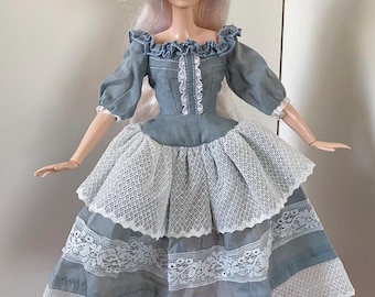 Handmade 1:6 Scale miniature Victorian Style Doll Dress and Hat Elegant Blue Lace Gown for Collectible Dolls