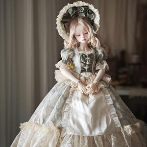 Puede incluir: Una mu&ntilde;eca de porcelana con un vestido de estilo vintage. La mu&ntilde;eca tiene el pelo largo y rubio ondulado y lleva un vestido azul claro y crema con detalles de encaje y lazo. Un gorro a juego con un lazo verde adorna la cabeza de la mu&ntilde;eca.