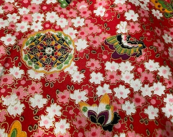 Craftuneed 3 Meters Red Japanese Sakura Cherry Blossom Butterfly Print Cotton Fabric for Dress Sewing diy