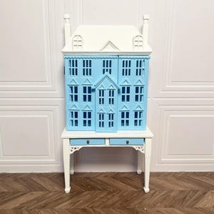 Craftuneed 1:12 Scale Miniature Dollhouse Cabinet with Drawers Blue & White Victorian Style Doll Cupboard Furniture