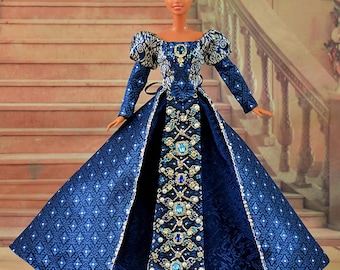 Handmade 1:6 Scale Victorian Blue Doll Dress with Faux Pearls detail