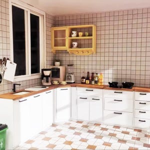 Craftuneed 1:12 Miniatur Puppenhaus Küche L-Form Schrank Möbel mit Spüle Ofen Ecke Aufbewahrungseinheiten