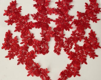 Red Lace Applique 6 Pieces, Costume Dress Embroidered Floral Bridal Motif Patch