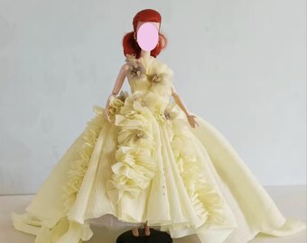 Handmade 1:6 miniature doll yellow floral ball gown luxury mini doll layered ruffles dress