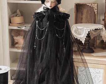 Handcrafted Gothic Witch Cape & Bonnet BJD Doll Outfit Black or Ivory (1/4, 1/3 Scale)