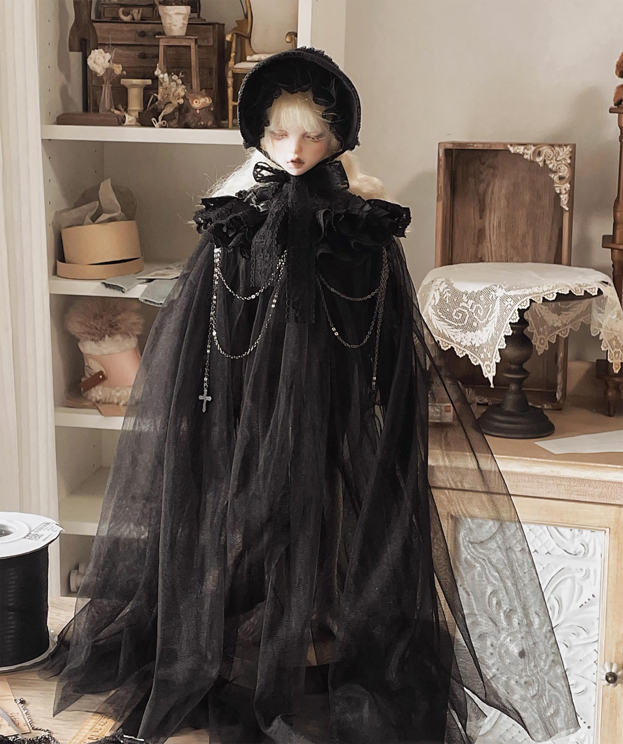 Handcrafted Gothic Witch Cape & Bonnet BJD Doll Outfit Black or