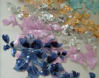 Sequined Floral Lace Applique: Embroidered Dress Motif (31cm x 14cm)