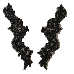 Craftuneed a mirror Pair black beads lace applique sew on floral lace motif patch on organza match pair