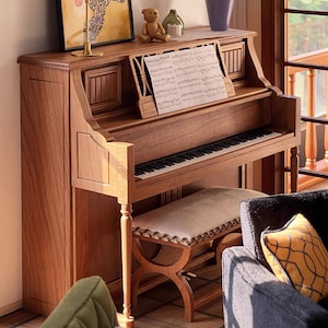 Craftuneed Miniature Dollhouse 1:6 Scale Wooden Upright Piano with Matching Stool Doll Furniture