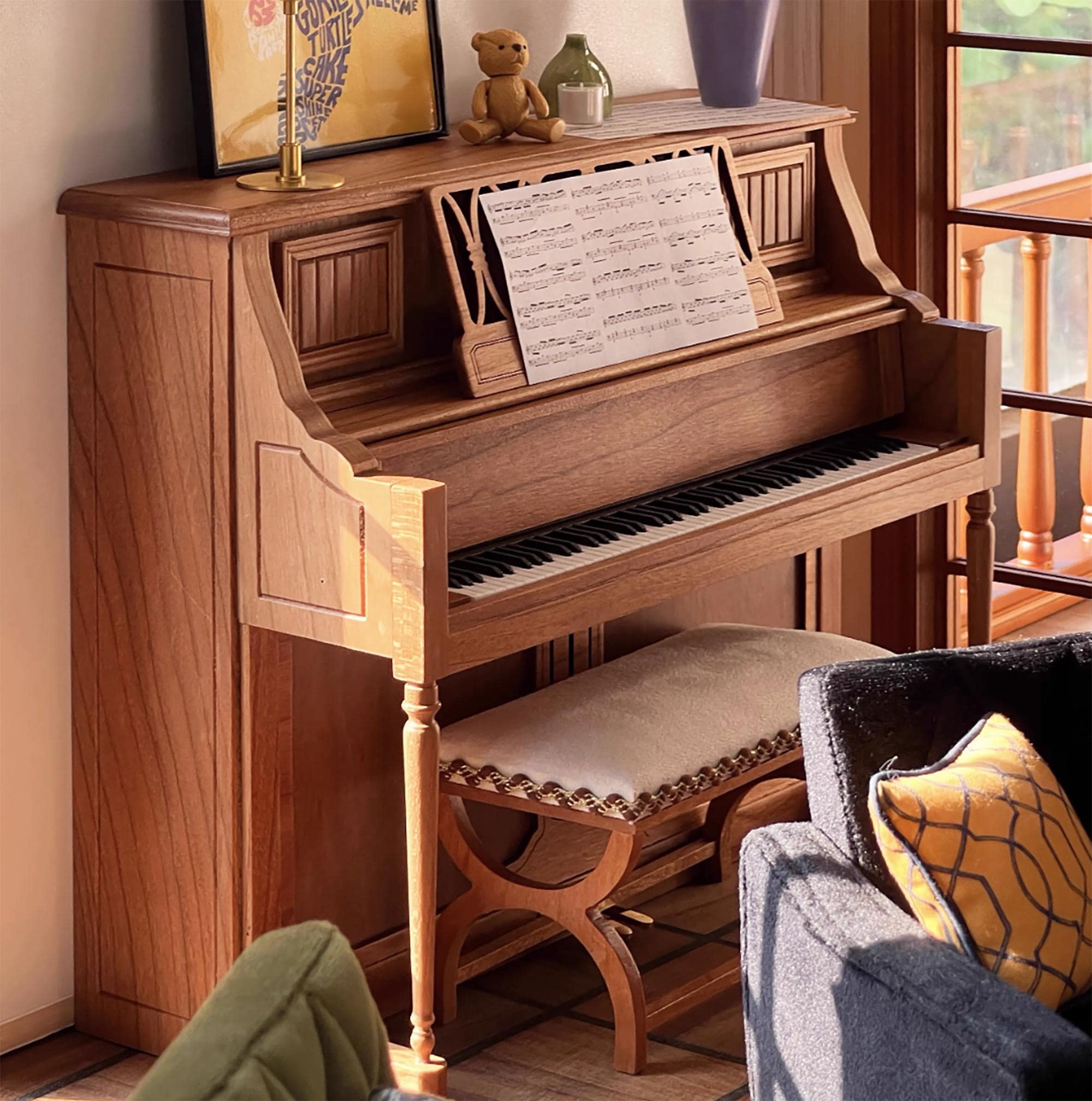 Miniature Dollhouse 1:6 Scale Wooden Upright Piano With Matching
