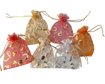 10 X luxury heart print organza bags wedding party gift candy organza bags white Pouch bag small size