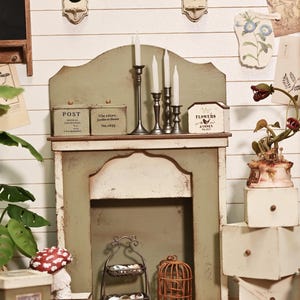 Craftuneed 1:6 Scale Dollhouse Fireplace Mantel Rustic Green Cream Victorian Style Miniature Wooden Hearth Furniture
