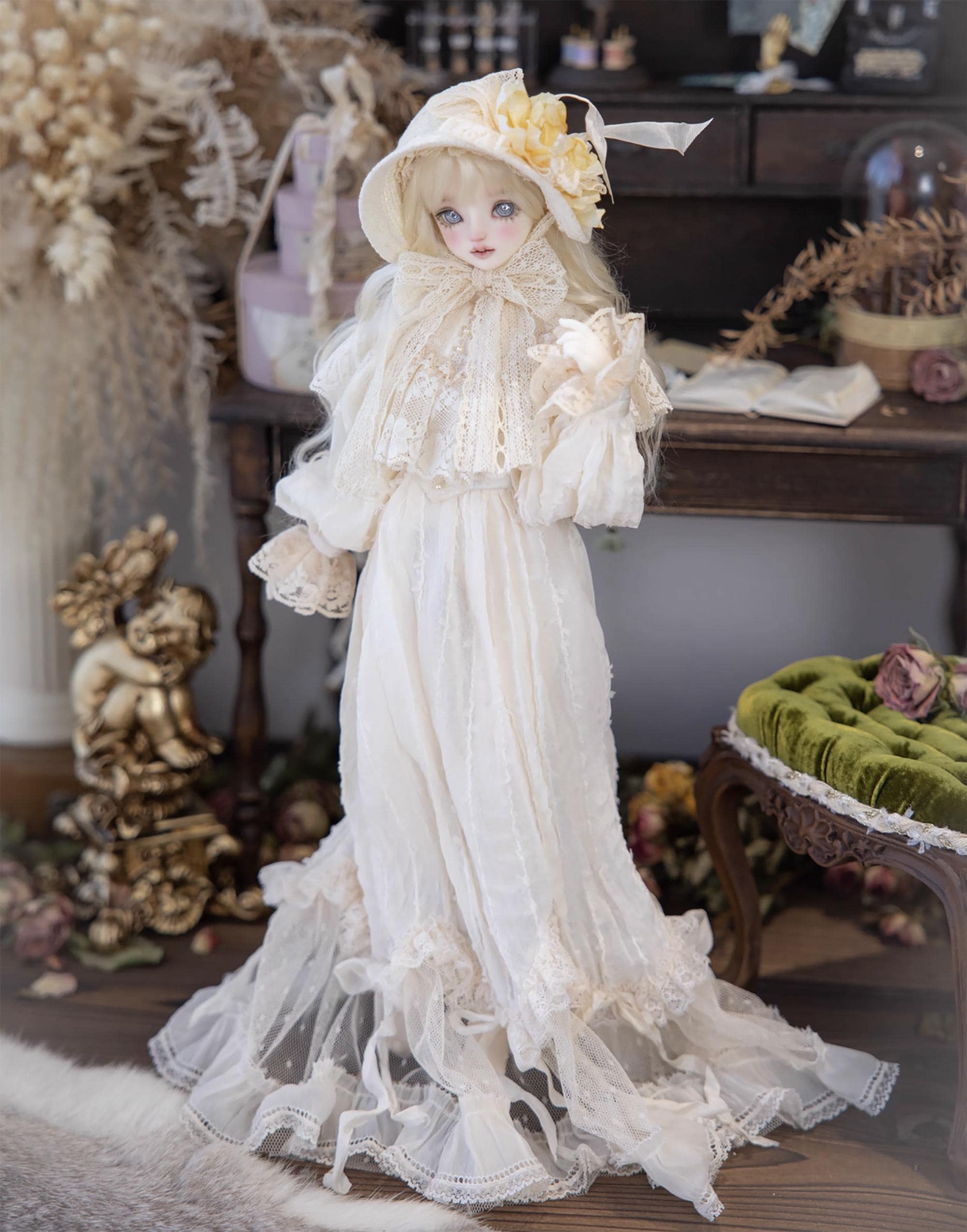 ハンドメイド エドワード朝風 レース ドールドレス & ボンネット